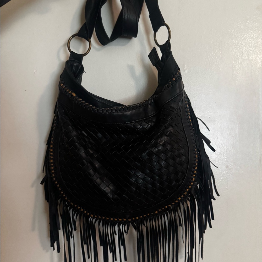 Black Fringe Woven Shoulder Bag